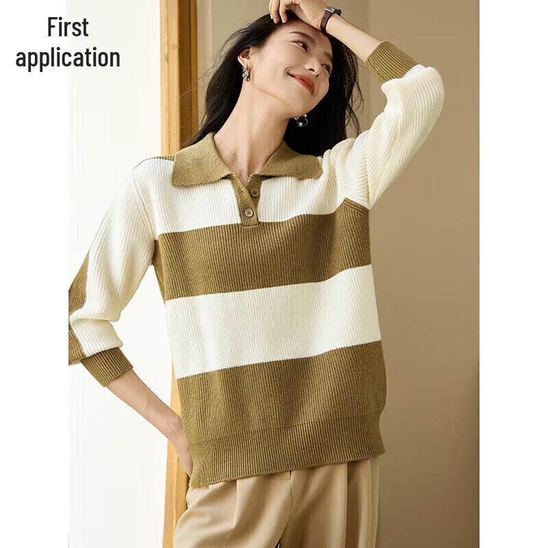 Women's Striped Color Block Knitted Sweater with Lapel Collar