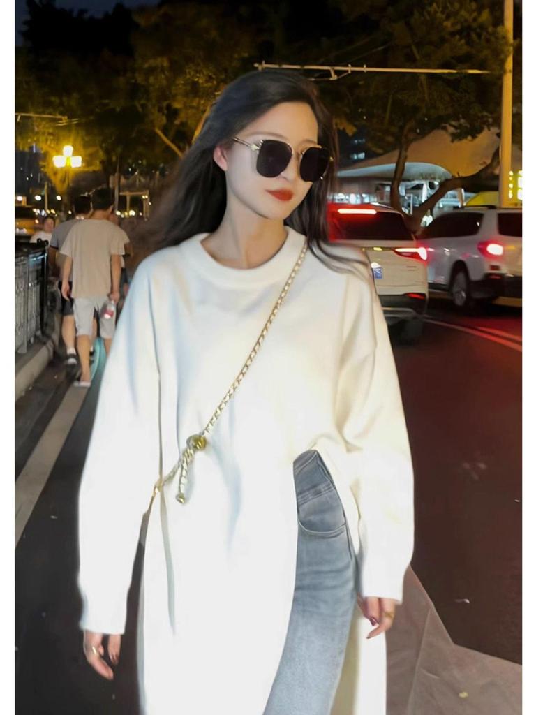 Women's Mid-Length Knitted Sweater Dress: Lazy Style, Round Neck, Loose Fit, Side Slit, Over-the-Knee, Autumn/Winter