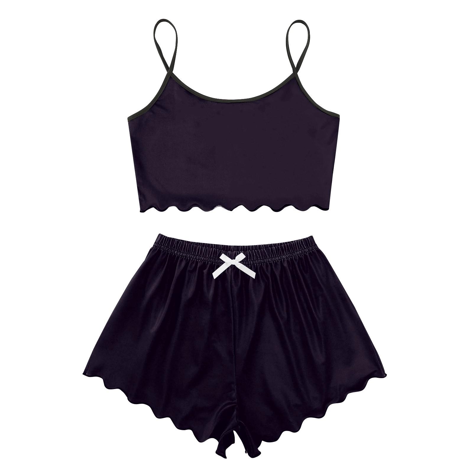 

Пижамные комплекты для женщин, мягкие комплекты домашней одежды из двух предметов, топы без рукавов, шорты, одинаковые пижамы, одежда для сна L чёрный