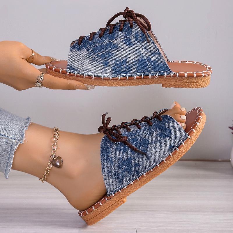 Fashion Plus Size 2025 Summer New Women’s Casual Slippers Outdoor Open Toe Lace Up Low Heel Slippers for Hot Sale Daily Rome Sandals