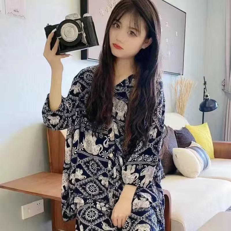 

100% вискоза с цветочным принтом, женская пижама в стиле кимоно, свободный тонкий V-образный вырез, рукава три четверти, 2 предмета, одежда для сна, свободная домашняя одежда XXL