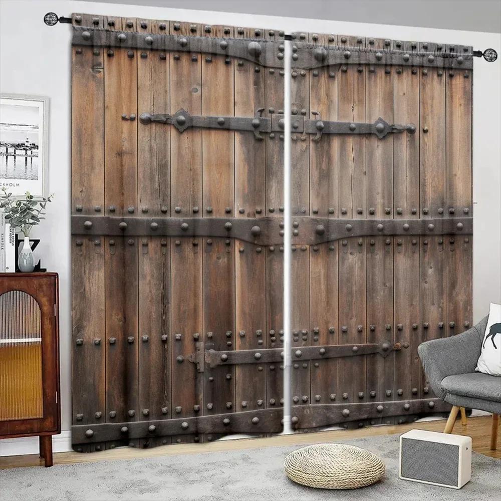 3D 2pcs Light Colour Wooden Door Printed Curtain For Home Decor Rod Pocket Window Treatment For Bedroom,Office,Kitchen,Living Ro