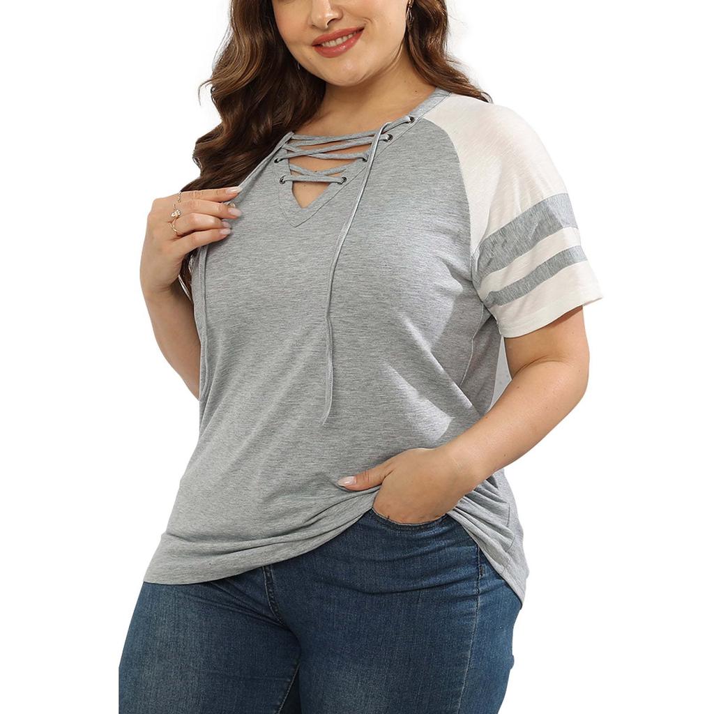 Damen Plus Size Sommer Kurzarm V-Ausschnitt Seil Patchwork Farbe T-Shirt