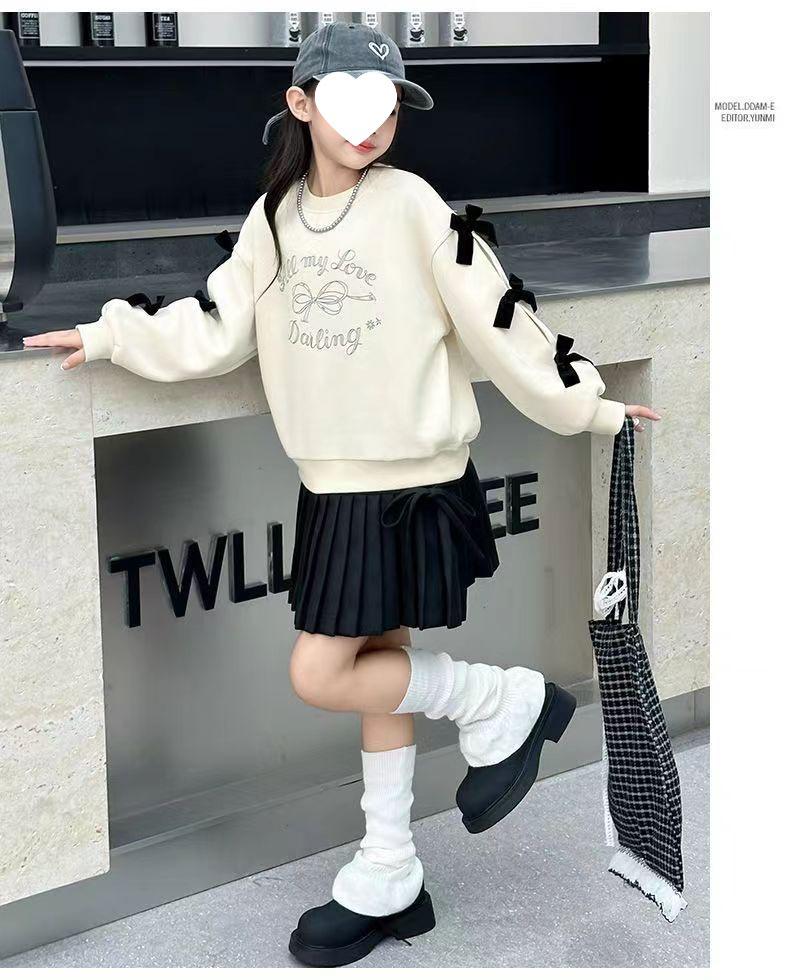 Girls' Bow Sweatshirt - 2025 Autumn, Chic Loose Fit, Korean Style Long Sleeve Top for Spring/Fall.