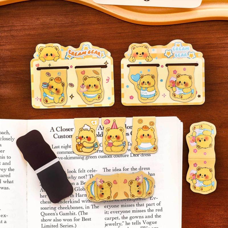 Gift Double Magnetic Cartoon Custard Bear Bookmarks for Students Cute Reading Book Page Kawai Stationery Office School Supplies