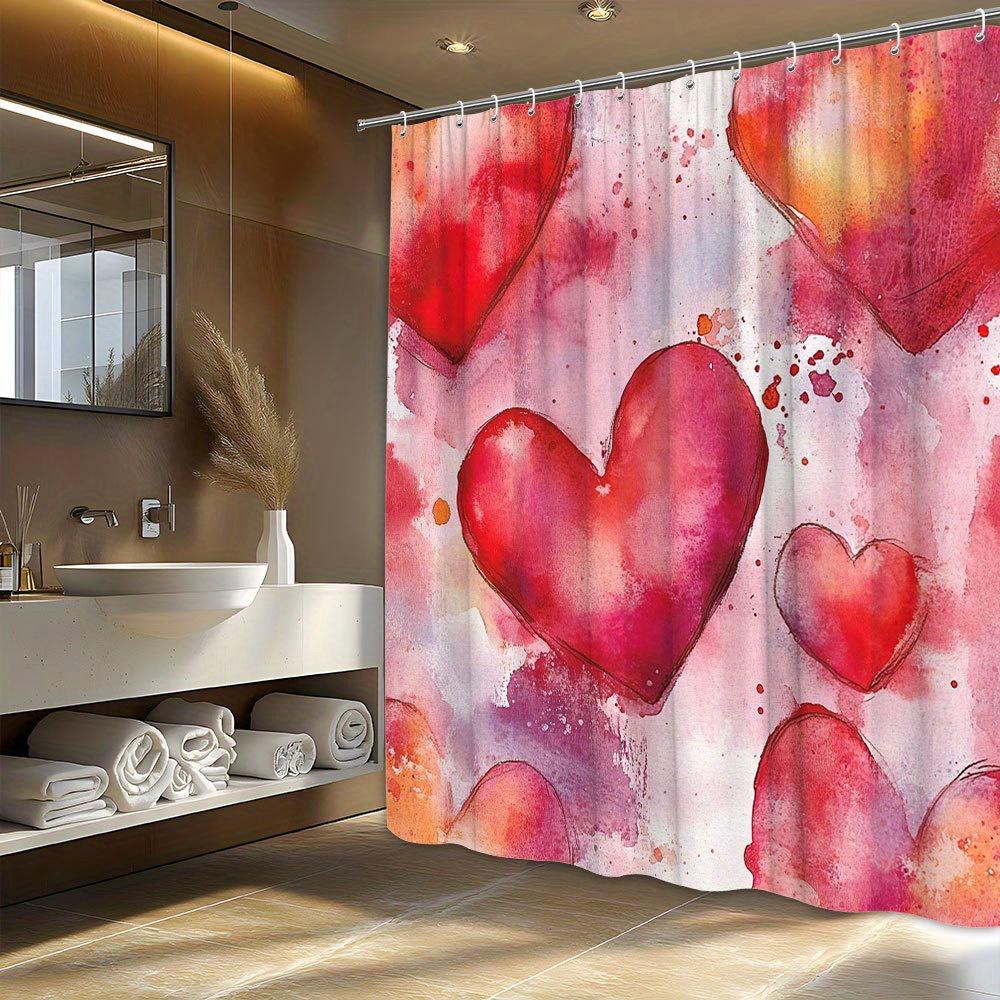 Watercolor Heart Shower Curtain, Romantic Whimsical Design, 3D-Effect Hearts, Polyester, Machine Washable, 12 Hooks
