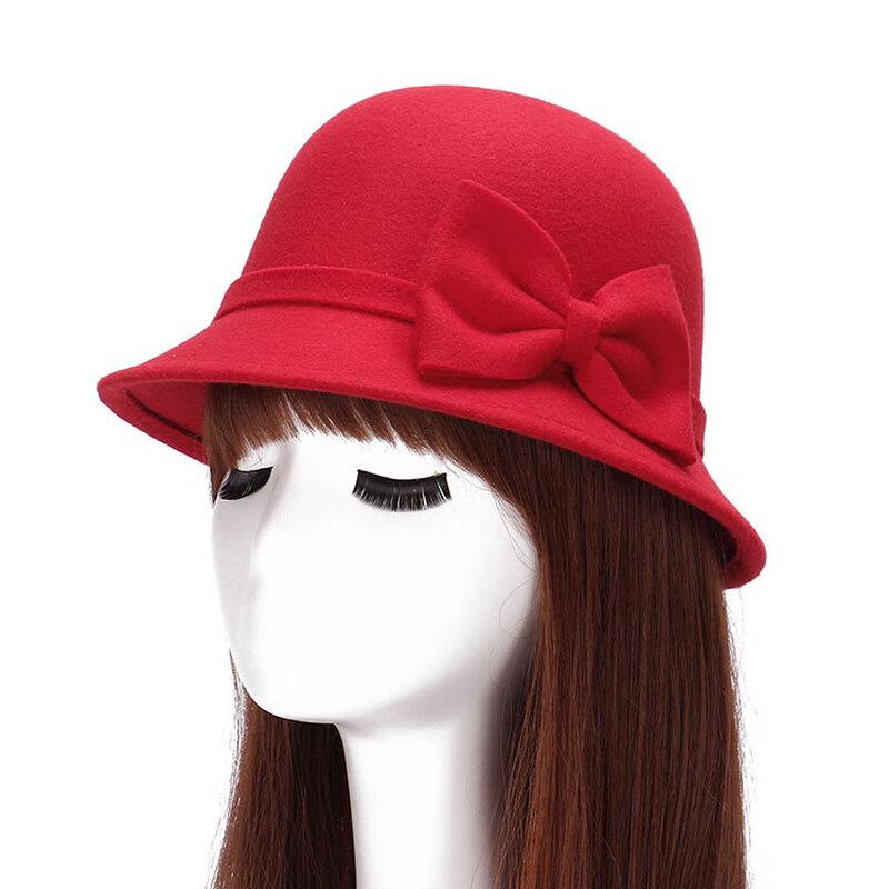 Women's Korean Style Double Bowknot Wool Felt Basin Hat