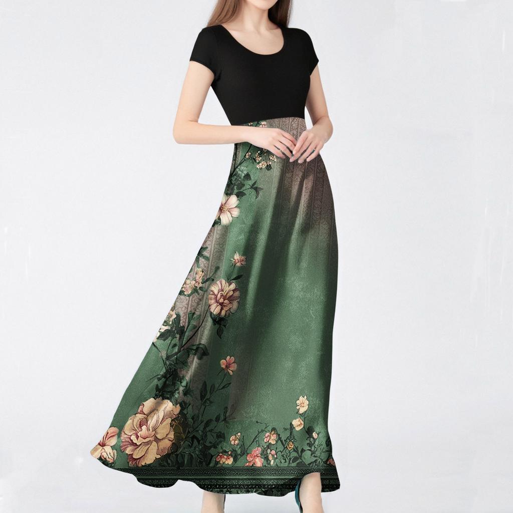 Women's Fashion Casual Loose Printed Round Neck Short Sleeve Long Dresses Short Sleeve Long Dresses