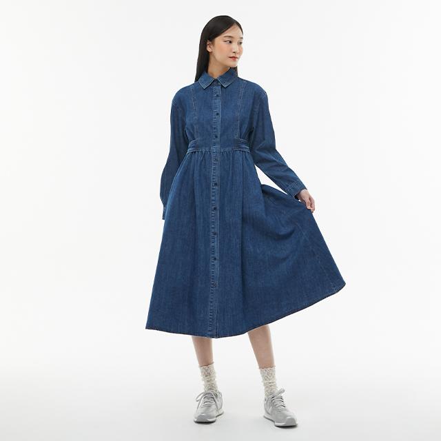 LAP Cut-Out Detail Shirt Collar Long Denim Dress Aq1Do262
