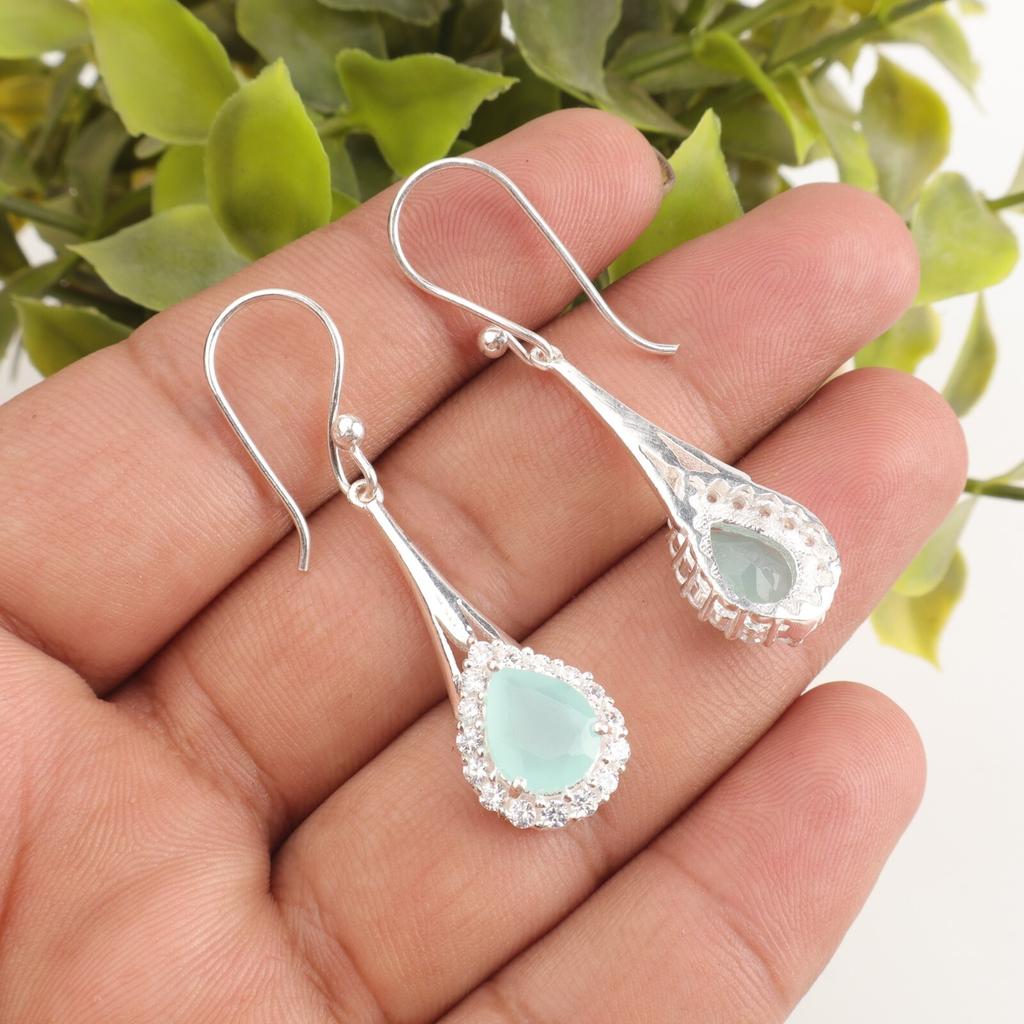 Natürlicher Aqua Chalcedon Edelstein 925 Sterling Silber Zirkonia Tropfenohrringe 1,86" CZE-7-15