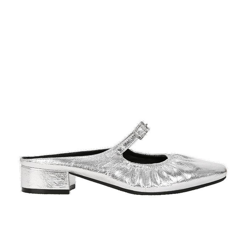 Schuhe eckiger Kopf Lammleder plissiert Diamantschnalle Taschenkopf dicker Absatz Slipper halbe Schleppe Außenschuhe