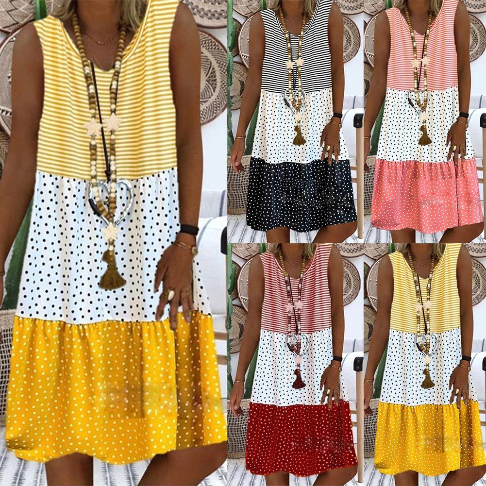 Casual Dot Patchwork O Neck Waist Skirt Dresses(4 Colors)