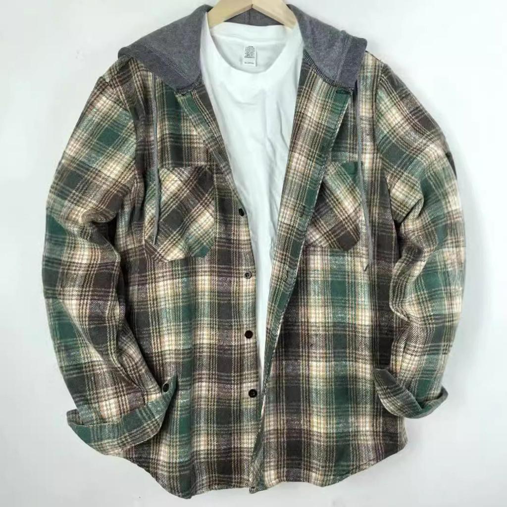 Herren Gestreift Kariert Lässig Locker Knopf Revers Langarm Kapuzen Strickjacke Hemd Jacke