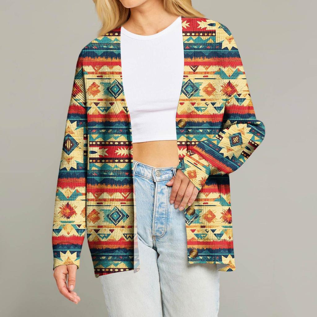 Women's Fashion Long Sleeve Christmas Print V-Neck Button Loose Cardigan Top