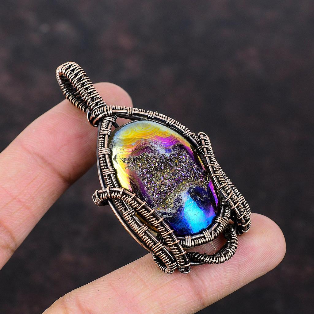 Titanium Druzy Pendant Copper Wire Wrapped Jewelry Handmade Gemstone Pendant Copper Wire Wrapped Pendant Titanium Druzy Jewelry Wedding Gift