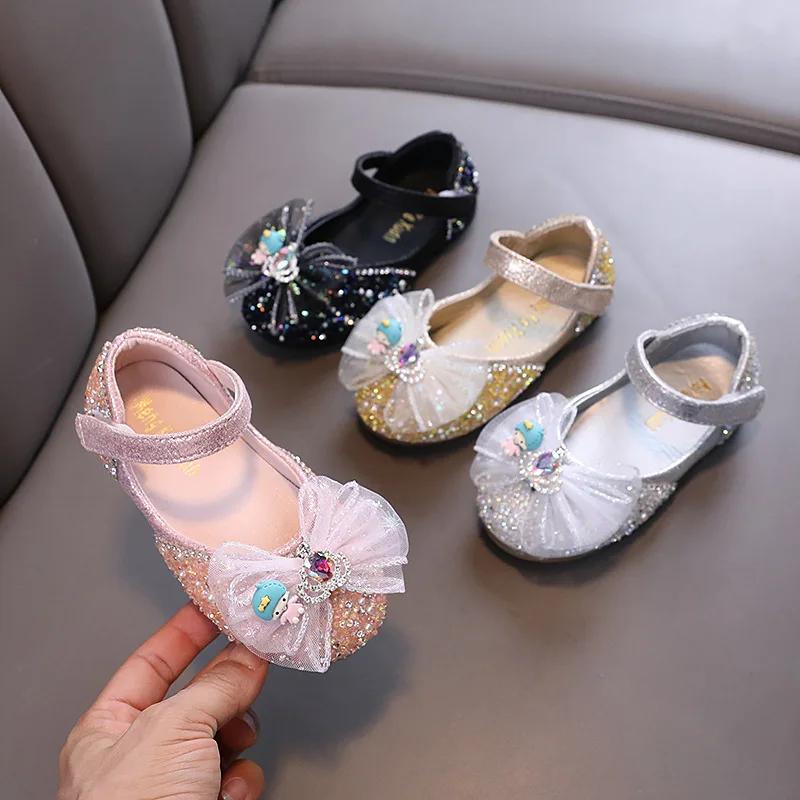 Frühling Herbst Kinder Lederschuhe Flache Causal Ballerinas für Mädchen Mode Süße Schleife Kinder Prinzessin Paillettenschuhe Neu