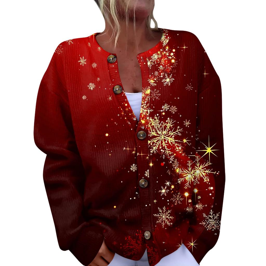 Women's Fashion Christmas Printed Long Sleeve Knitted Cardigan Button Down Jacket