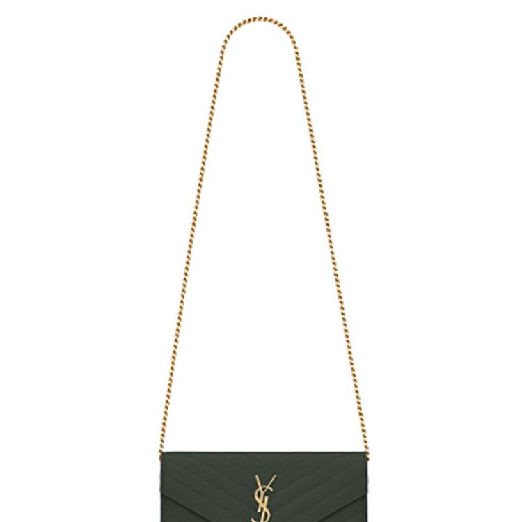 Saint Laurent Ysl Monogram Gold Logo Steppung Druckknopfverschluss Leder Ketten Geldbörse Umhängetasche Crossbody Tasche Damen Taschen Dunkelgrün 377828BOW013051