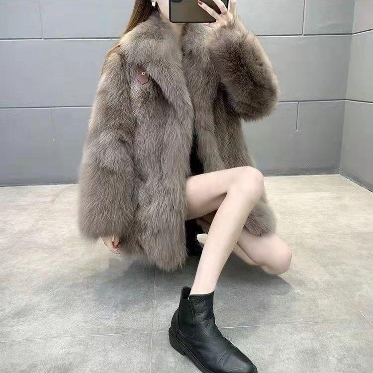 Imitation fox fur jacket women's suit collar Haining medium and long fur integrated thin fur coat