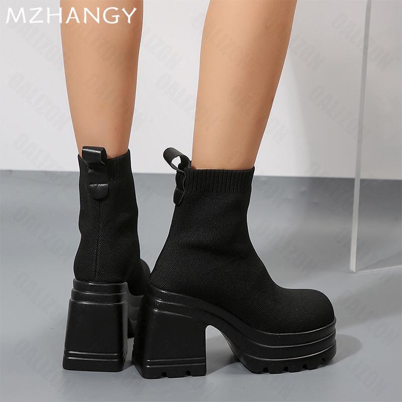 Mode Damen Plateau Stiefeletten Hohe Absätze Mode Sockenstiefel Strickschuhe 2025 Trend Winter Pumps Chelsea Boots Neu Mujer Botas