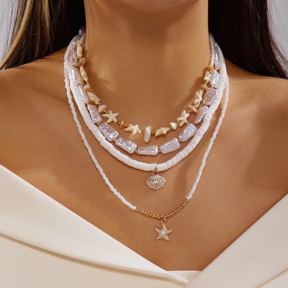 4Pcs/Set Multilayer Starfish Pendant Necklace Boho Clavicle Chain Vintage Seashell Choker Gifts