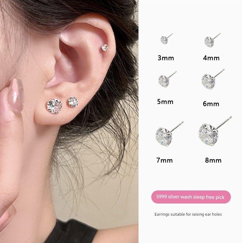 

S999 Sterling Silver Small Sugar Cube Zircon Silver Stud Earrings Female Ear-Caring Ear Bone Stud Accessible Luxury Fancy Ear Ear Bone Pin Earrings Four-claw zircon earrings 999 silver needle [3MM]]
