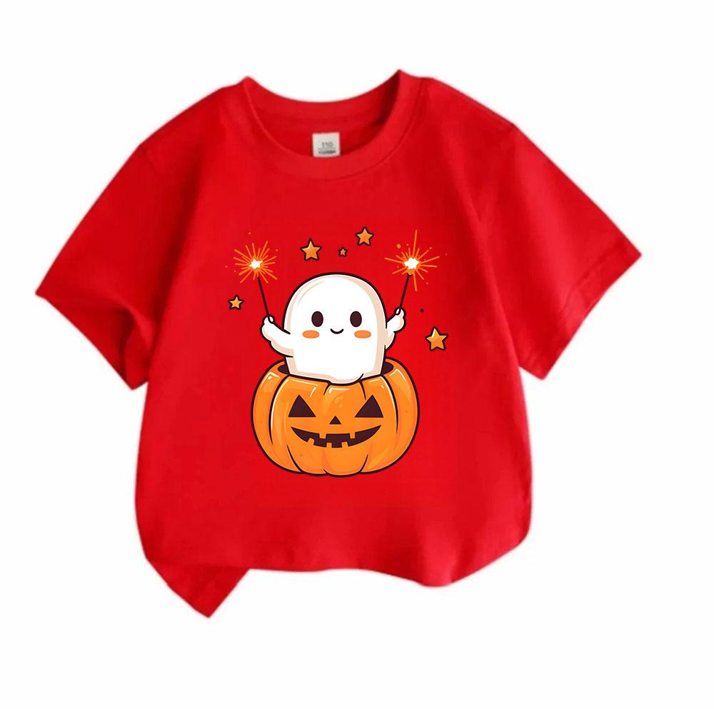 Kids Boys Girls 100% Cotton Crew Neck Short Sleeve T-Shirt, Cute Ghost In Pumpkin Hold Sparklers Print Casual Halloween Tee for Children Daily Wear Pa