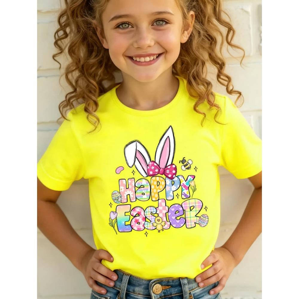 2026 Happy Easter T-Shirt for Girls Bunny Cute Rabbit Ear Letter Graphic Summer Tee Boys Girls Short Sleeve Children's Clothing