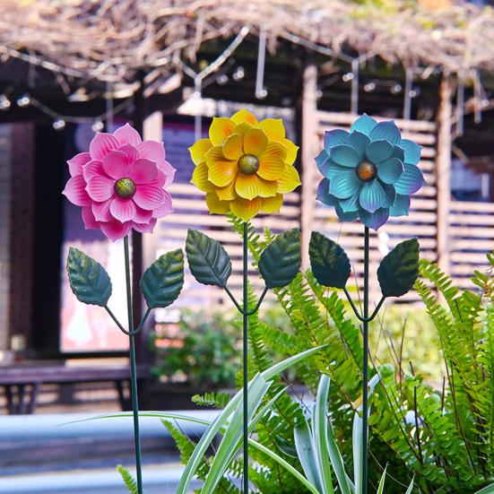 3 Pcs 15.5'' Flower Garden Stakes Colorful Metal Flower Yard Art Outdoor Rust Proof Plant Sticks for Lawn Patio Pathway Decoration