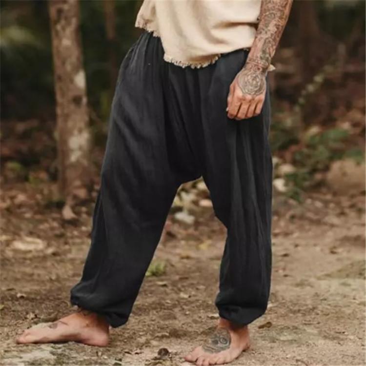 

Новые мужские хлопковые и льняные молодежные однотонные свободные повседневные брюки со шнурком M чёрный