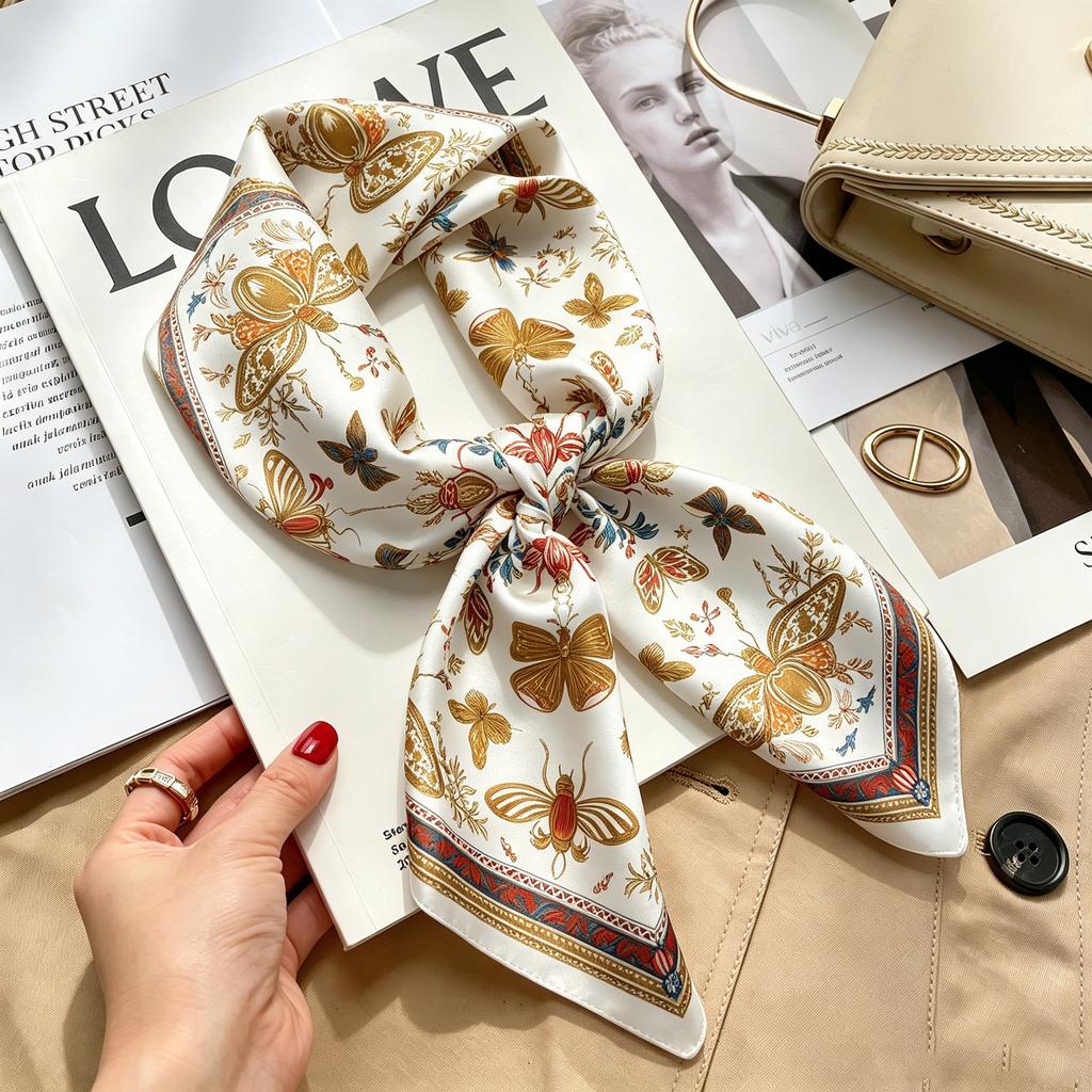 Autumn and winter Maillard cashew square scarf silk scarf women's shirt versatile neck small scarf tied hair decorative scarf