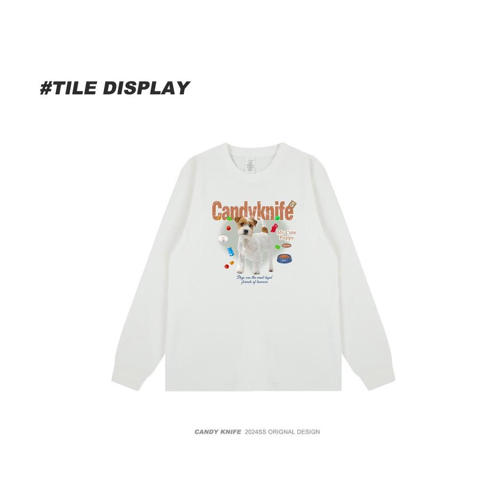 Korean Style Quirky Puppy Print Cuffed Long Sleeve Cotton T-Shirt for Couples - Autumn/Winter