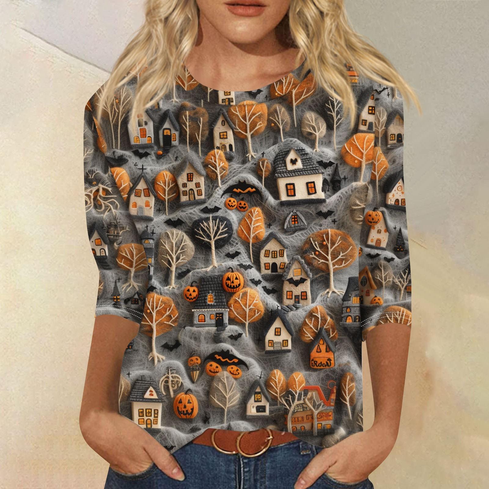 

Рубашки с рукавом 3/4 для женщин, симпатичные футболки с 3D-принтом на Хэллоуин, блузки, повседневные топы больших размеров, пуловеры L