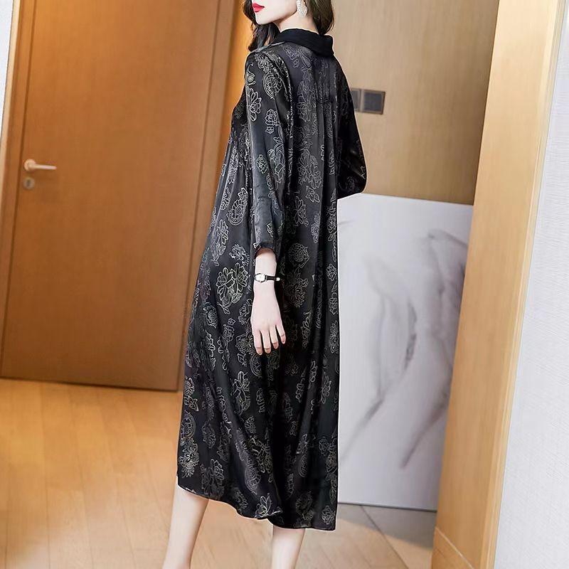 Casual Turn-down Collar Spliced Dresses Vintage Floral Printed Spring Summer 3/4 Sleeve Loose A-Line Long Dress