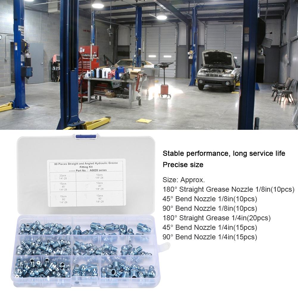 80pcs Straight Bend Grease Zerk 1 8in 28 45 Degrees  Galvanized Blue Zinc Iron Hexagonal Nozzle