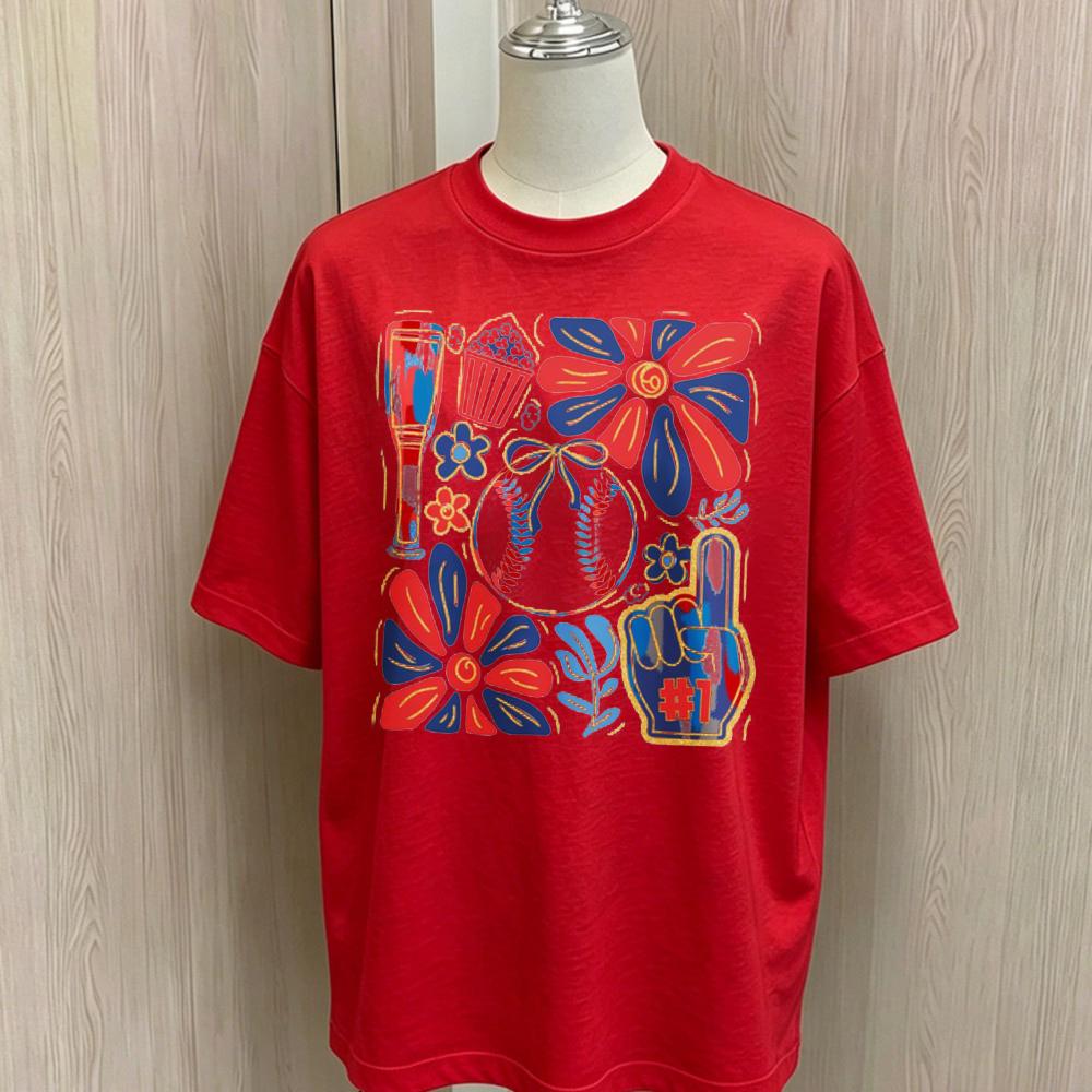Baseball Game Day Floral Collage Graphic T Shirt Unisex Oversized Loose Cotton Short Sleeve Tee Retro Sport Flower Print