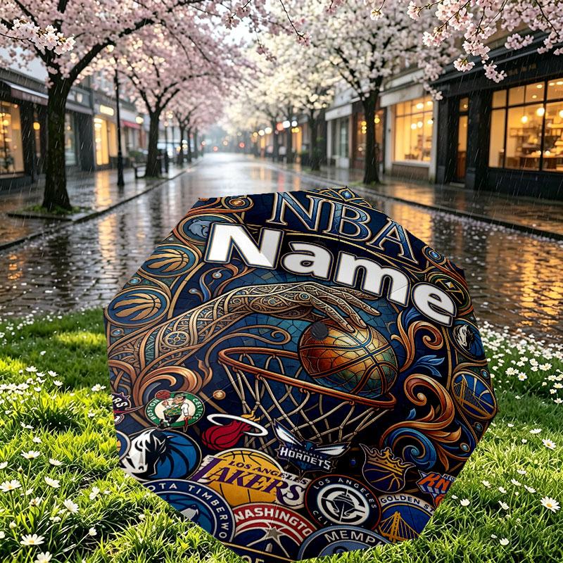 Custom Name Personalized Basketball NBA Print Umbrella, Auto Open Close, 8‑Rib Sturdy Frame, Commute Camping Hiking Use, Birthday Gift