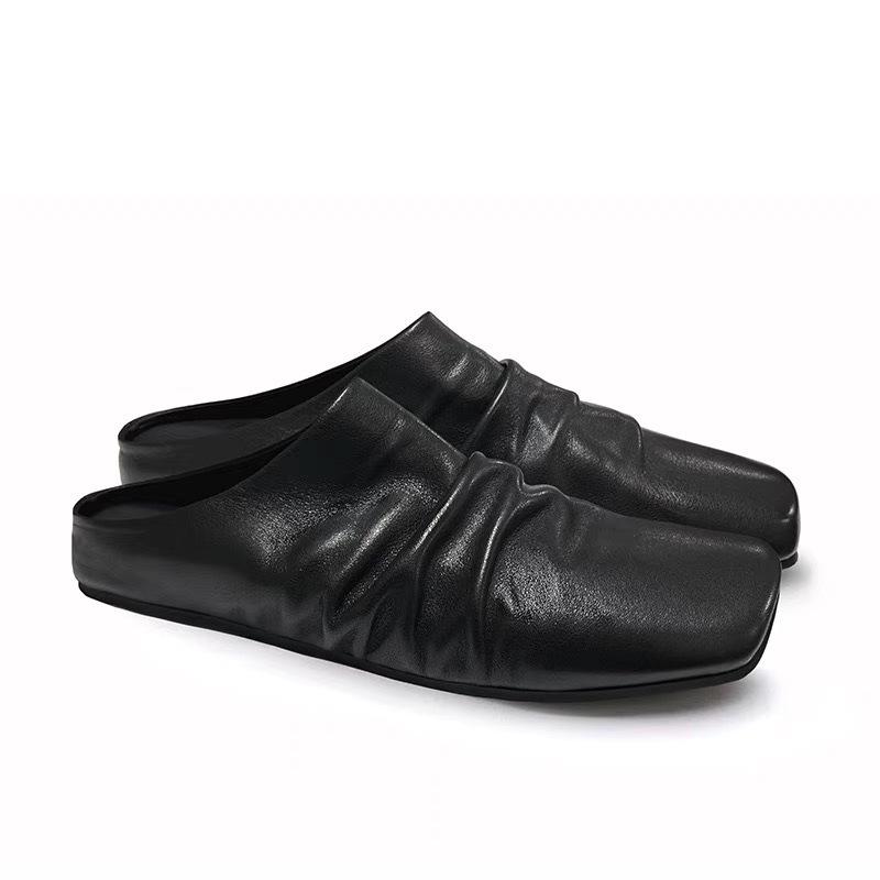 Sheepskin Version~ New Niche Two-wear Shoes Square Head Bag Head Half Slippers Women's Outer Wear Pleated Black Loafers