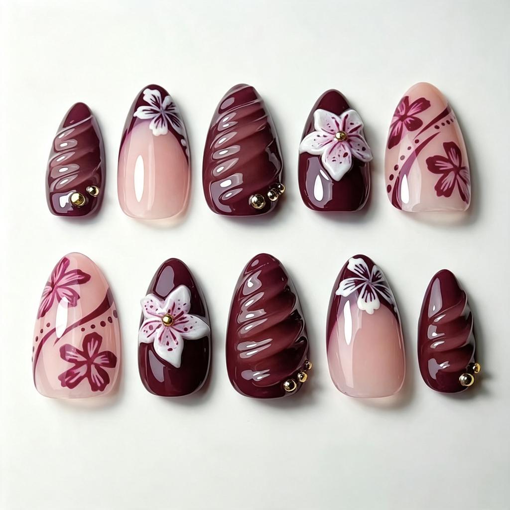 24PCS Red Polka Dot French False Nails with 3D Simple Flower Ripples Almond Press On Nails Full Cover Wearable Acrylic Nail Tips