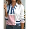 Women's Long-sleeve Shirt with Blue and White Stripes + Powder-green Geometric Pattern, Fashionable and Casual