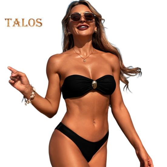 

2 шт./компл. женский купальник бандо с подкладкой без косточек бюстгальтер с высокой талией плавки комплект однотонный раздельный дизайн пляжная одежда S