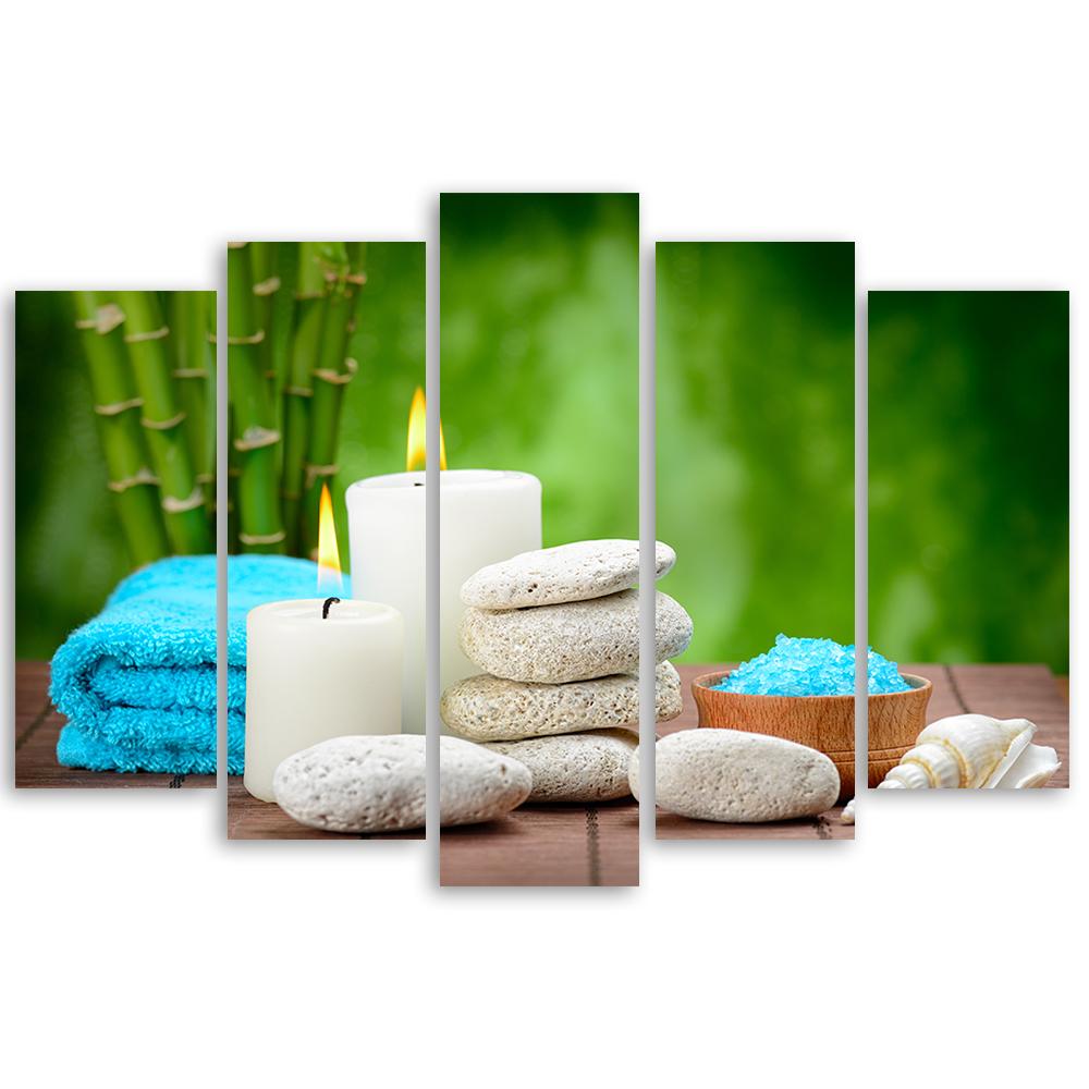 Five Piece Picture Canvas Print Zen Candle Bamboo Stone