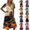 Women's Casual V Neck Short Sleeve Midi Dress Halloween Print Comfortable Fit Flared Skirt Lightweight Fabric Suitable for Daily Wear