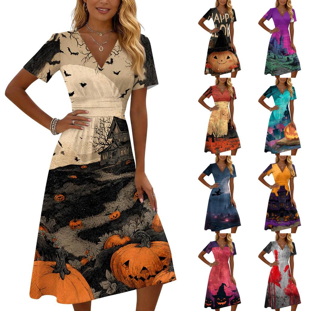 Women's Casual V Neck Short Sleeve Midi Dress Halloween Print Comfortable Fit Flared Skirt Lightweight Fabric Suitable for Daily Wear