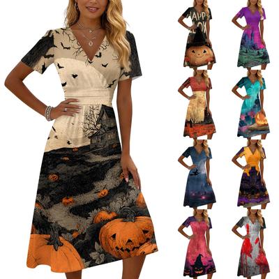 Women's Casual V Neck Short Sleeve Midi Dress Halloween Print Comfortable Fit Flared Skirt Lightweight Fabric Suitable for Daily Wear