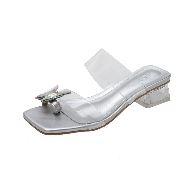 Fairy Wind Transparent Crystal Thick Heel Outer Slippers 2025 Summer New Bow Square Toe One-word Sandals