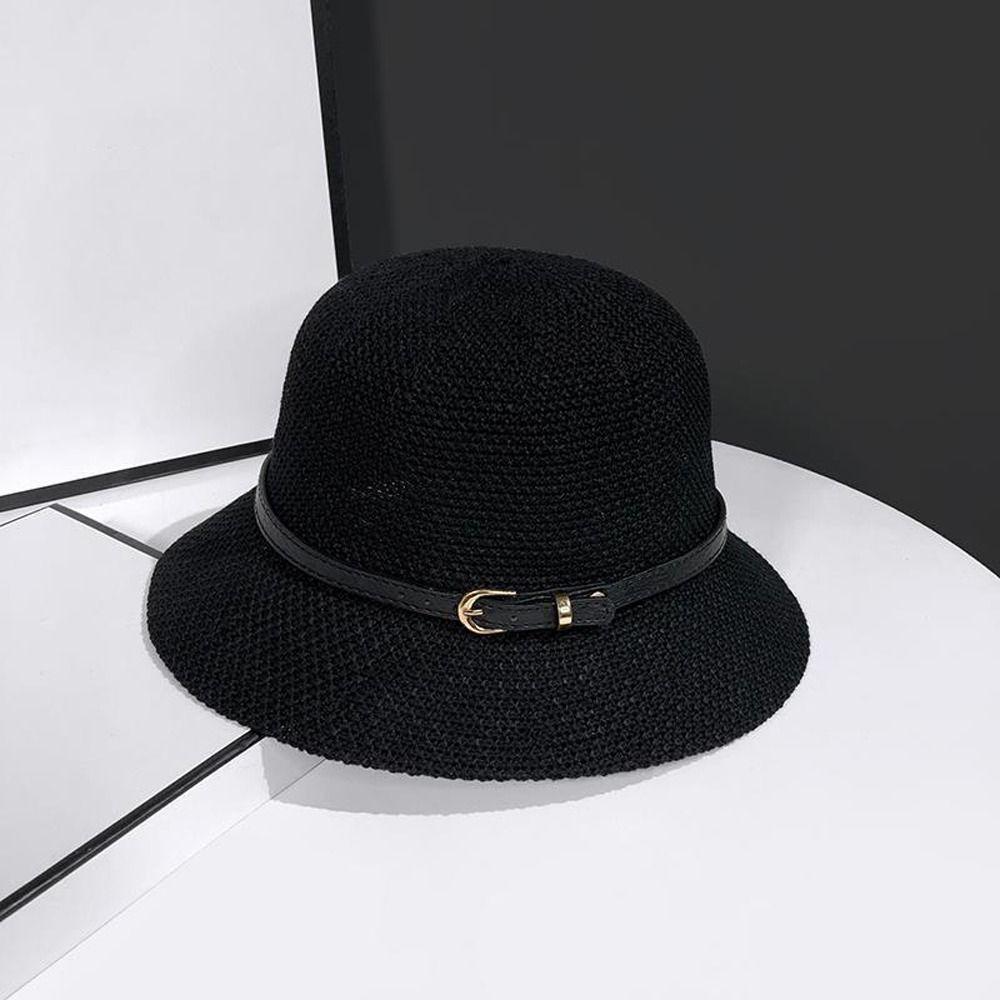 Caps French Style Caps Women Sunscreen Hats PU Leather Belt Summer Bucket Hats Outdoor Straw Hats