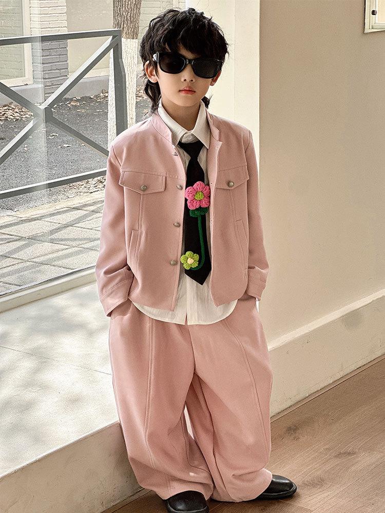 2025 Autumn Pink Casual Boys' Jacket with Stand Collar - Trendy Children's Clothing Set