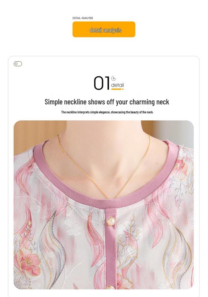 Summer Printed Seven-Sleeve Loose Top for Middle-Aged and Elderly Women - Comfortable Plus Size T-Shirt
