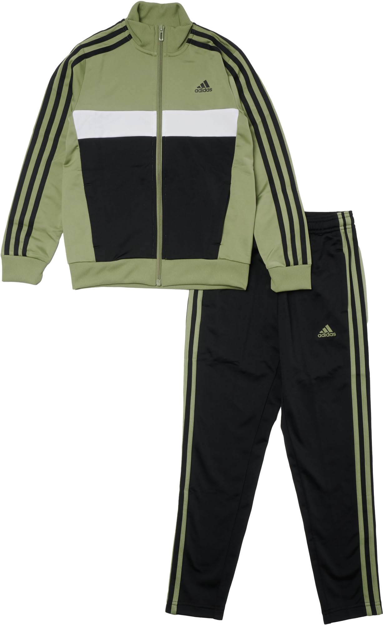 

Костюм спортивный Adidas Essentials Tiberio, цвет палаточный зеленый J130, комплект с тремя полосками, детский, ECL62, верх зеленый/черный/белый, низ черный/палаточный (IY1796),